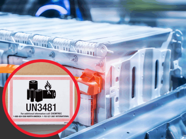 image of a lithium ion battery with a hazard label box layered on top of on the image